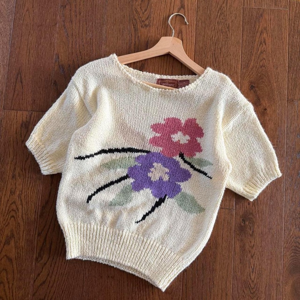Vintage Floral Knit Sweater Top 90s Cottagecore Retro